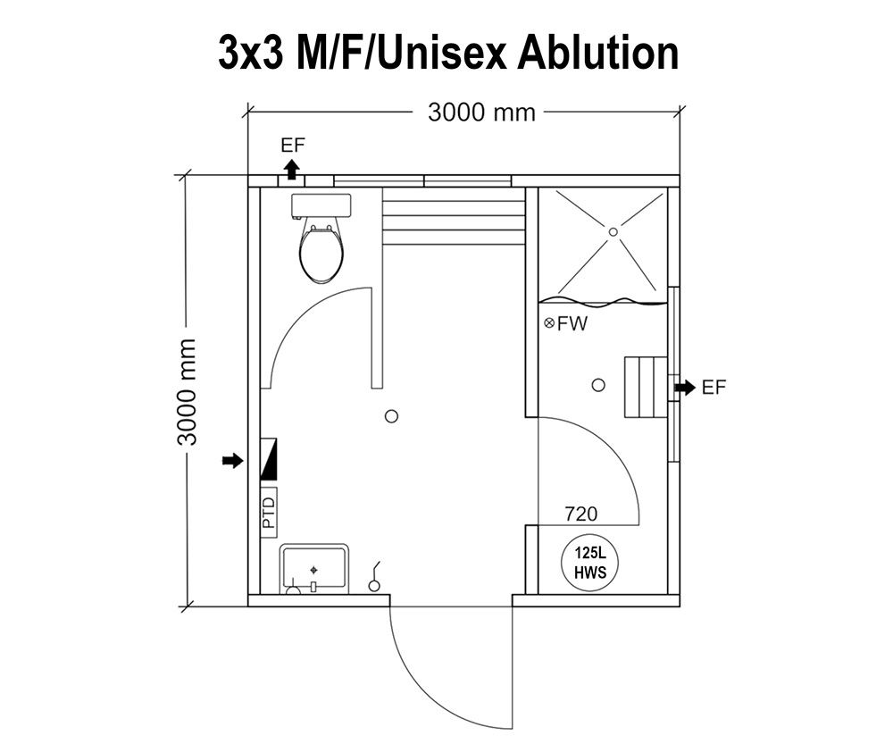 3x3 m/f/unisex ablution